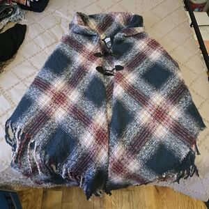 Plaid Hooded Poncho with Toggle Closure